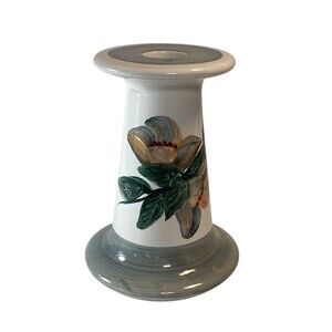 Irish Pottery Hand Painted Avoga Blue Candle Stick Signed Floral Greens 5in